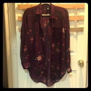 Purple Floral LongSleeve Sheer Button Dressy Shirt